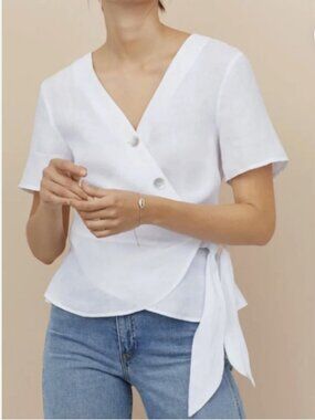 H&M Linen Peplum Wrap Blouse Women 10 White Tie Front Pearl Button Top 100% Line
